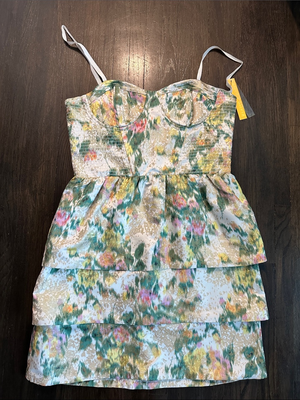 Alice + Olivia Floral Tiered Mini Dress in Green, Pink & Gold - Picture 1 of 5